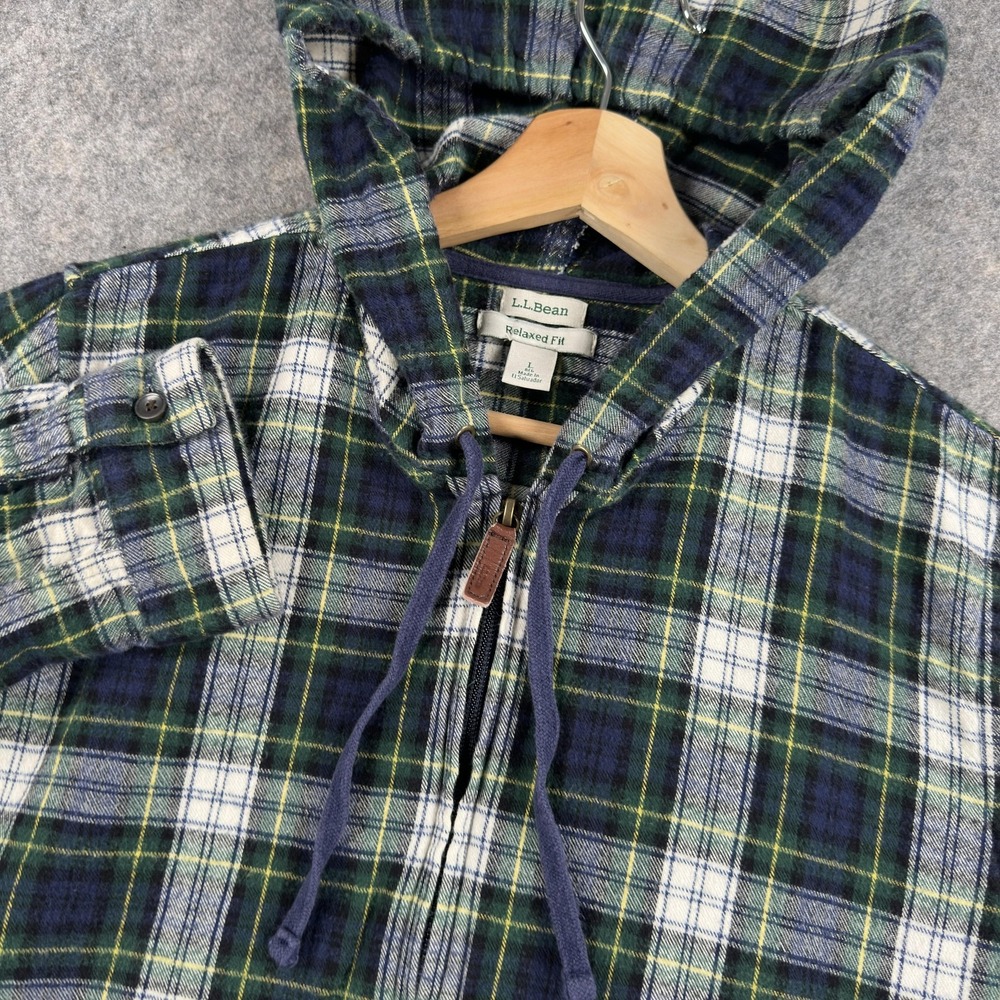 LL Bean Flannel Hoodie Womens Large Green Scotch Plaid Flannel Full Zip